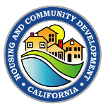 Logo featuring stylized houses under a sun, set on green hills above a wavy blue line. Surrounded by a blue border with text: "HOUSING AND COMMUNITY DEVELOPMENT CALIFORNIA."