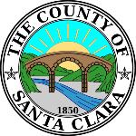 Seal depicting an arched bridge over a river with hills and a rising sun, encircled by text: "THE COUNTY OF SANTA CLARA 1850."