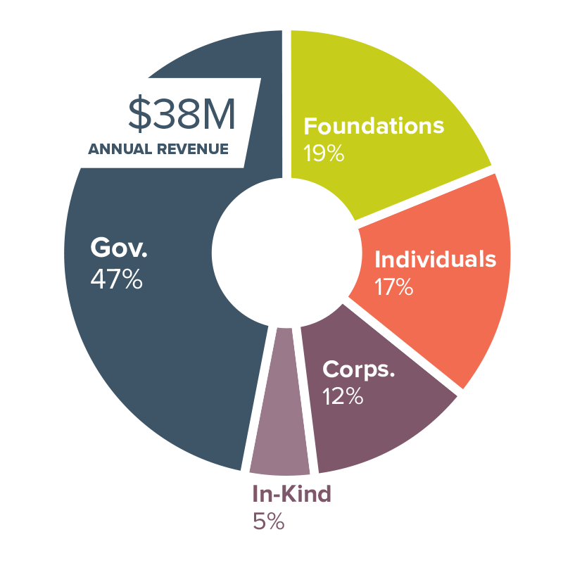 A pie chart displays annual revenue sources totaling $38M: Gov. 47%, Foundations 19%, Individuals 17%, Corps. 12%, In-Kind 5%, with sections in different colors.
