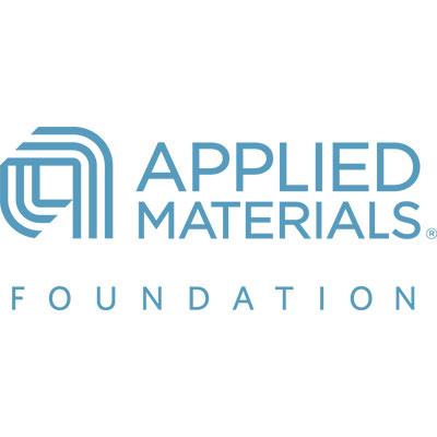 Blue geometric logo with overlapping lines, resembling an abstract “A” shape, accompanies text: “APPLIED MATERIALS FOUNDATION” on a white background.