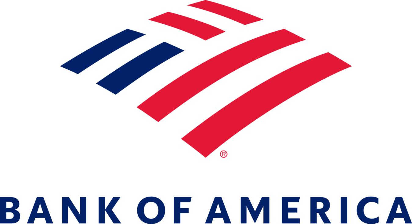 Stylized American flag design in red and blue, positioned above bold text reading "BANK OF AMERICA" in blue.