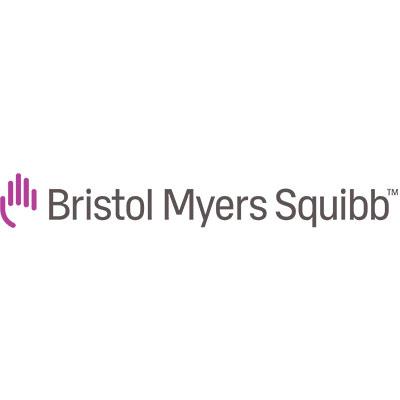 A purple abstract hand shape is next to the text "Bristol Myers Squibb™" in gray, presented on a plain white background.