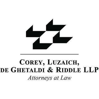 Geometric logo above firm name, "COREY, LUZAICH, DE GHETALDI & RIDDLE LLP," with tagline "Attorneys at Law." Logo features four stylized black triangles interlocking.