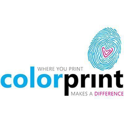 The logo features the text "colorprint," with "WHERE YOU PRINT MAKES A DIFFERENCE" above and below. A stylized fingerprint with a heart shape at the center is on the right.