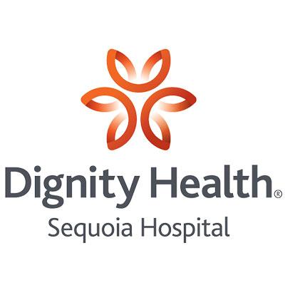 An abstract orange flower-shaped logo hovers above bold text, "Dignity Health Sequoia Hospital," set against a plain white background.