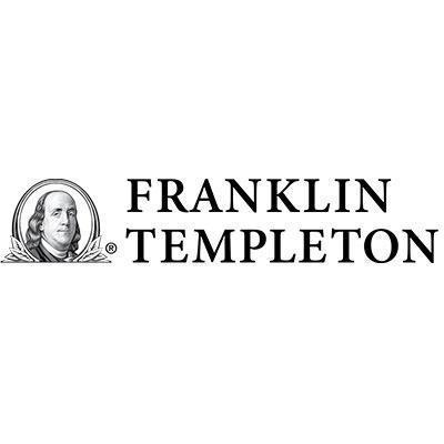 A detailed illustration of a distinguished older man surrounded by laurel leaves accompanies the text "FRANKLIN TEMPLETON" in bold, serif font against a plain white background.