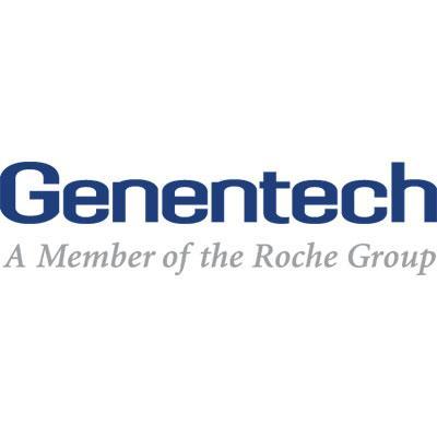 Genentech logo features large blue text "Genentech" above smaller gray text "A Member of the Roche Group" on a plain white background.