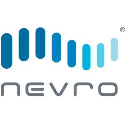 Logo displays eight blue vertical bars decreasing in height, resembling a sound wave, above the text "nevro" in gray lowercase letters. The context is a white background.