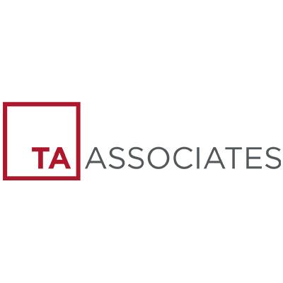 Logo with text "TA ASSOCIATES" in gray, featuring "TA" in bold red letters inside a red square outline. The design is minimalist and the background is white.