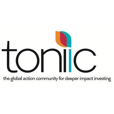 The logo "toniic" features stylized colorful leaves above the letters "ii," with text underneath reading, "the global action community for deeper impact investing," set against a white background.