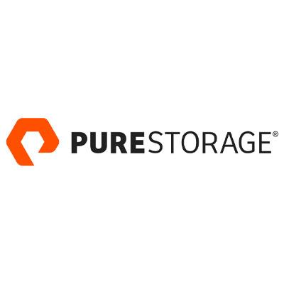 An orange geometric shape precedes the bold black text "PURE STORAGE®" on a white background.